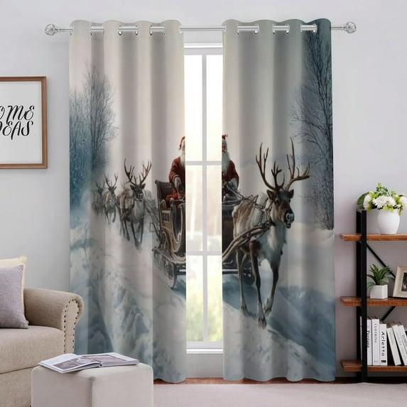 Aristuring Santa Claus Reindeers Sleigh Perforated Blackout Curtains 2-Pack Light Blocking Curtains Christmas Theme 55x39in