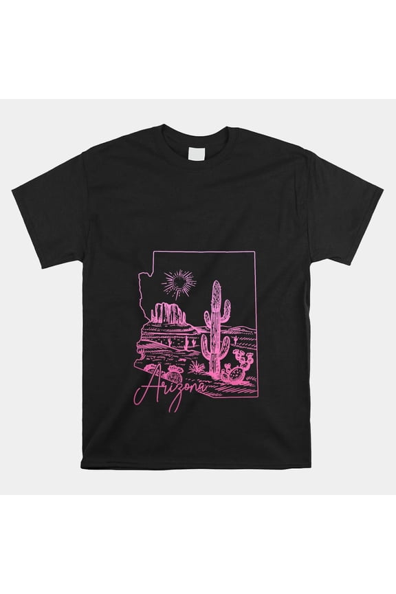 Arizona AZ State Map Pride Desert Cactus Pink Graphic Print Unisex T-Shirt, up to size 5XL