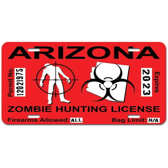 Arizona AZ Zombie Hunting License Permit Red United States - Biohazard Response Team Novelty Metal Vanity License Tag Plate