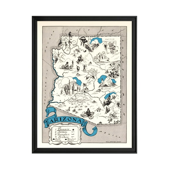 Arizona Art, 1931 Vintage Map of Arizona History Wall Decor Gift, Old Arizona Map - 18" x 24" Black Framed Print