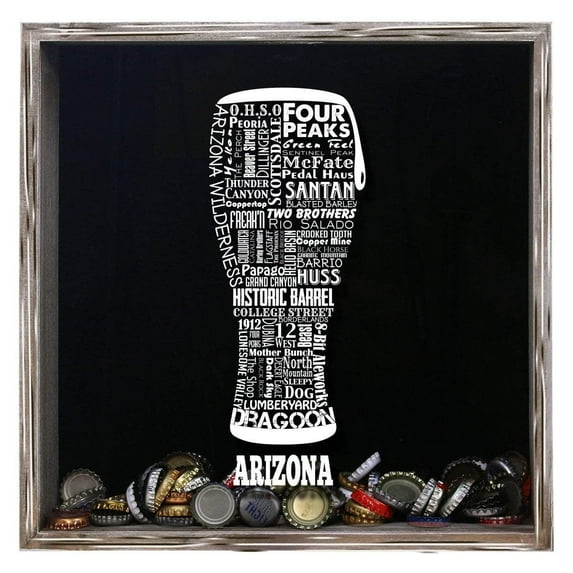 Torched Arizona Beer Cap Shadow Box Wall Mount Decor 13"x13"x3.5" Gray