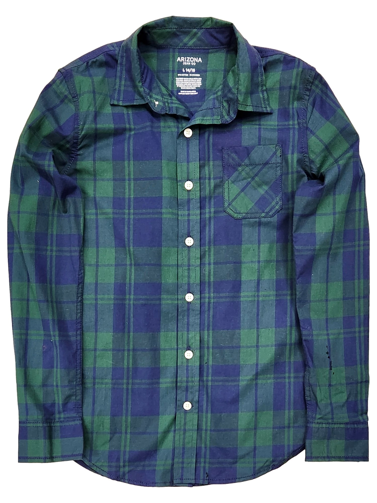 arizona dress shirts Arizona Boys Blue & Green Plaid Long Sleeved Button Front Shirt Large (14-16)