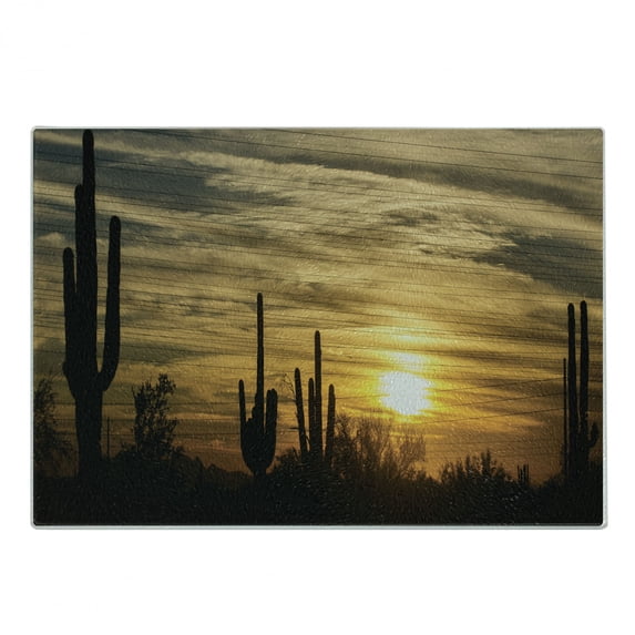 Arizona Cutting Board, Horizon Skyline in Scottsdale Area with Dramatic Clouds Above Cactus Plants, Decorative Tempered Glass Cutting and Serving Board, in 3 Sizes, by Ambesonne