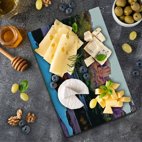 Arizona Cutting Board, Majestic Cliffs Rock at Sunrise with Reflections on Lake Nature Scene, Decorative Tempered Glass Cutting and Serving Board, in 3 Sizes, by Ambesonne