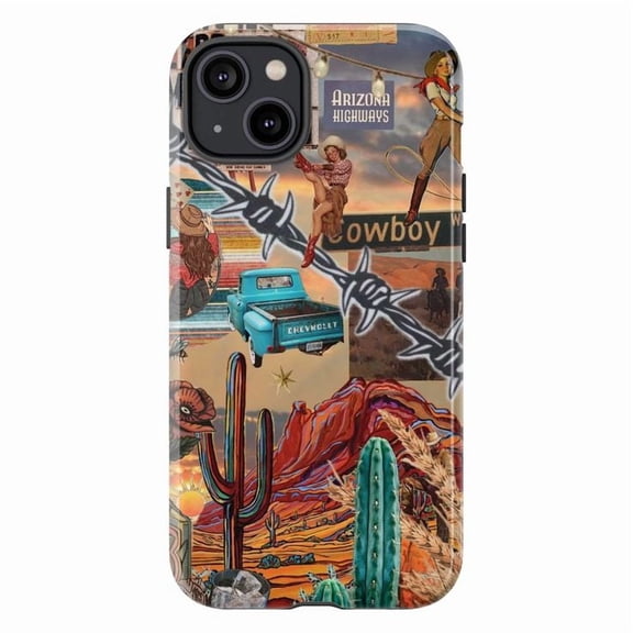 Arizona Desert Cowboy Collage Phone Case, Vintage Rodeo Cactus and Western Truck Artistic iPhone Cover, Retro Protective Case for iPhone 17 16 15 14 13 12 11 Plus Pro Max Mini