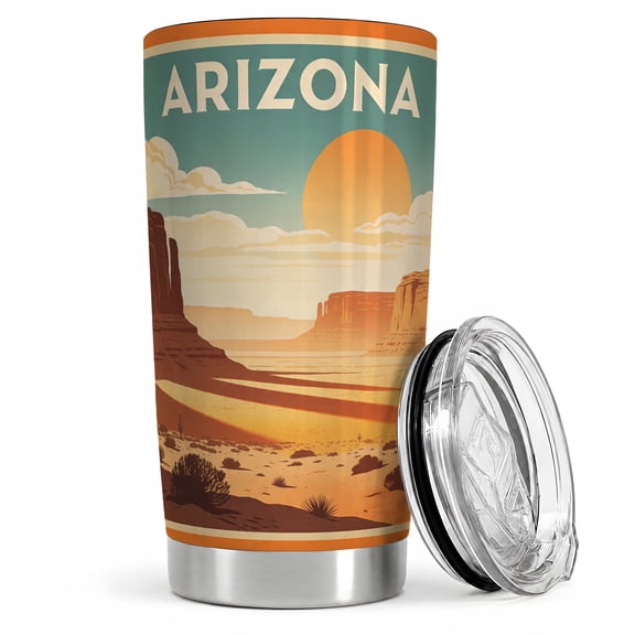 Arizona Desert Mesa 20oz Tumbler, Southwest Landscape Tumbler, Daily Coffee and Road Trip Drinkware, Sunset Butte Valley Scene, Retro Travel Poster Art, Hikers and Nature Enthusiasts