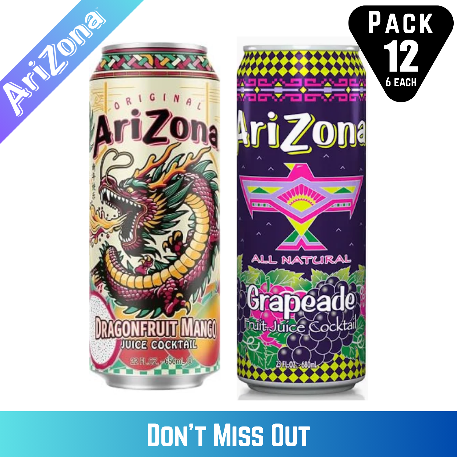Arizona Dragon Fruit Mango and Grapeade Juice Drinks, 23 fl oz Cans, 12 Count (6 Each Flavor)