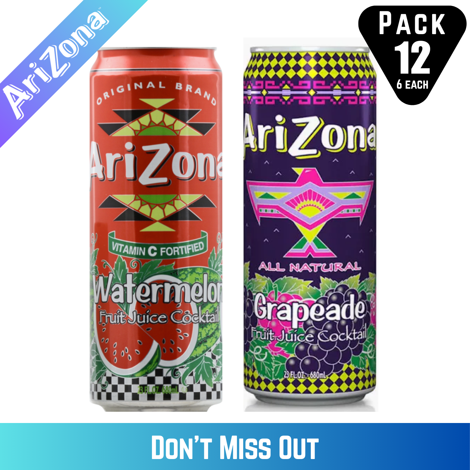 Arizona Dragon Fruit Mango and Grapeade Juice Drinks, 23 fl oz Cans, 12 Count (6 Each Flavor)