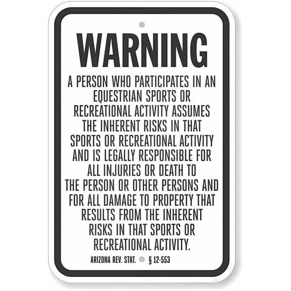Arizona Equine Liability Warning Sign - 8"x12" Metal Sign, Equestrian Sports Inherent Risks, Wall Fence Farm Signage