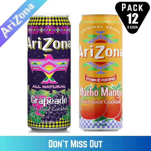 Arizona Grapeade and Mucho Mango Juice Drinks, 23 fl oz Cans, 12 Count (6 Each Flavor)