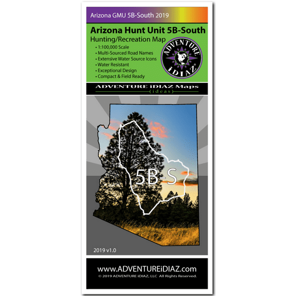 ADVENTURE IDIAZ Arizona Hunt Unit 5B South Map, Folded, Hiking, Hunting, Recreation