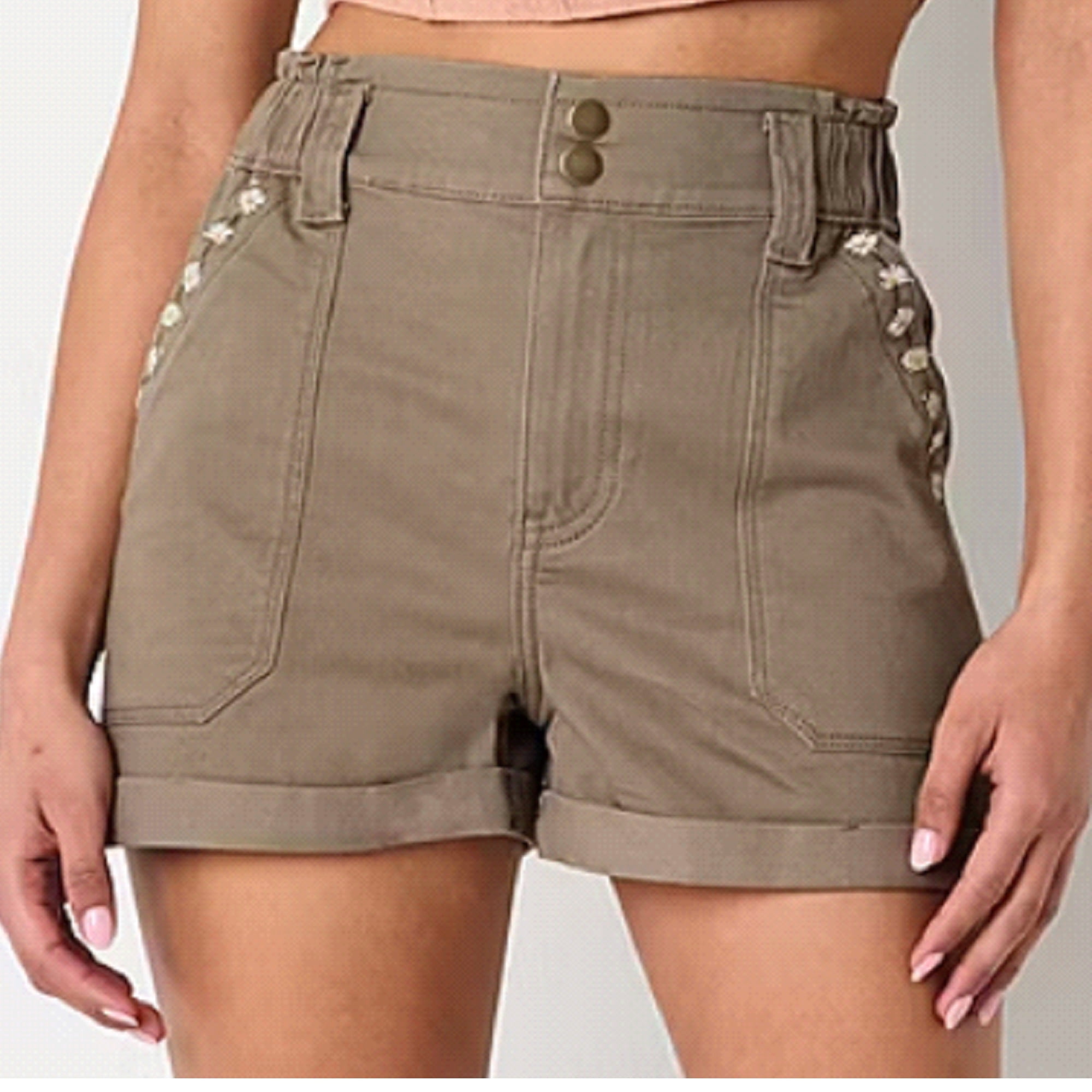 Arizona Junior Women's High Rise Denim Short, Walnut Floral, Size 1