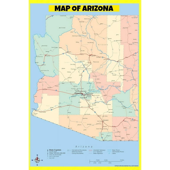 Arizona Map Poster - Laminated Wall Map - Style A - 24x36 - Ideal for Classrooms and Homes – Features Bright Colors and Vivid Imagery