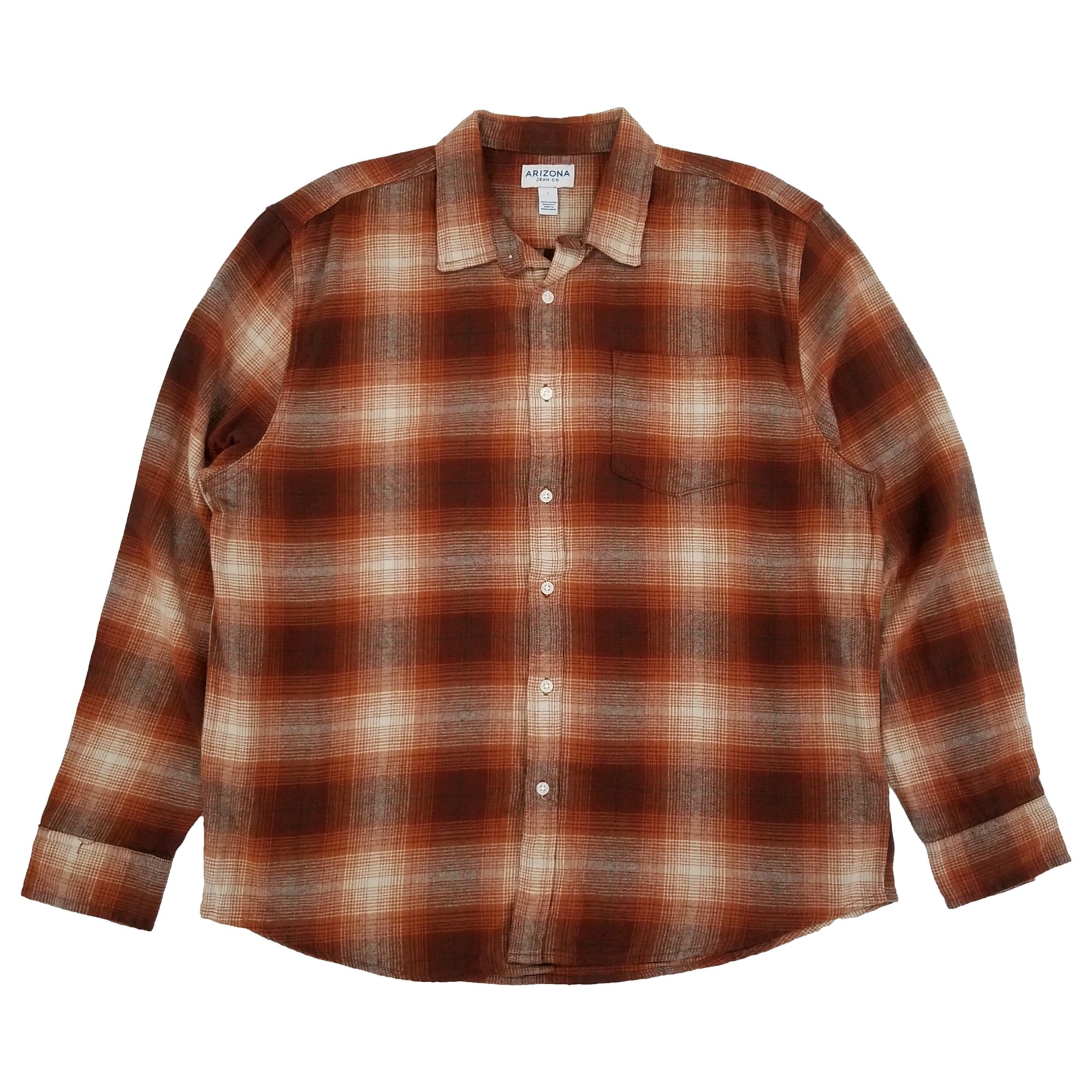 Arizona Mens Orange Plaid Long Sleeve Flannel Shirt Large