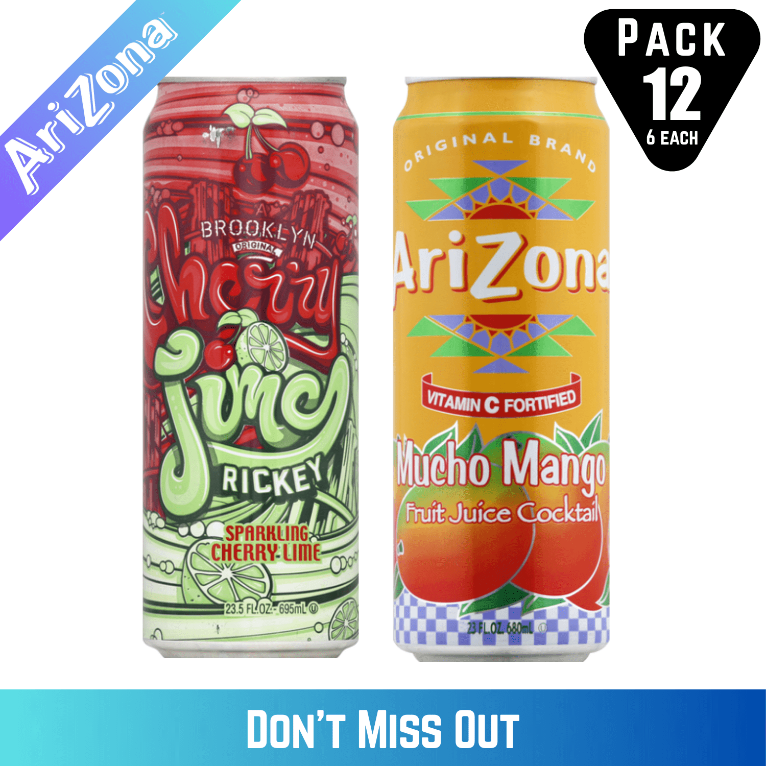 Arizona Mucho Mango and Cherry Limeade Juice Drinks, 23 fl oz Cans, 12 Count (6 Each Flavor)