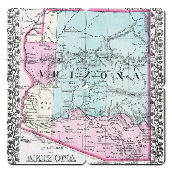 Torched Arizona Old World Map Coaster (Set of 4) Drink Beer Coaster Multicolor