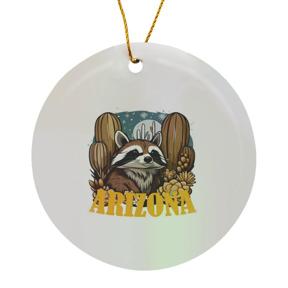 3drose, Arizona Ring-tailed Cat Surrounded by White Cacti Blossom, Circle Porcelain Ornament