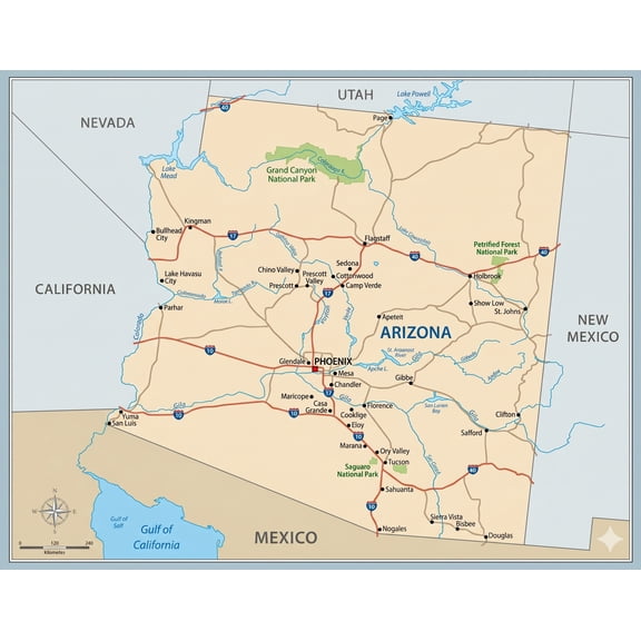 Arizona Road Map Poster - Cities, Highways & Landmarks | Home Decor 【Laminated】
