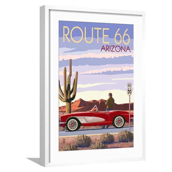 Art.com Arizona - Route 66 - Corvette with Red Rocks Art Print by Lantern Press, White Frame Wall Art, 21" x 29"