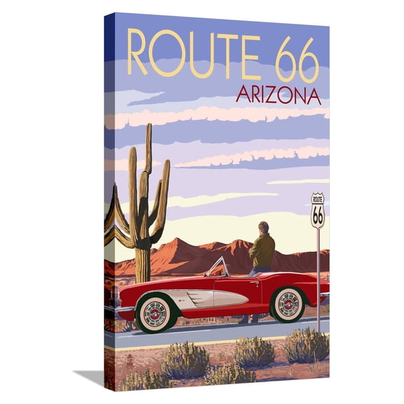 Art.com Arizona - Route 66 - Corvette with Red Rocks Stretched Canvas Print Wall Art by Lantern Press, 16" x 24"