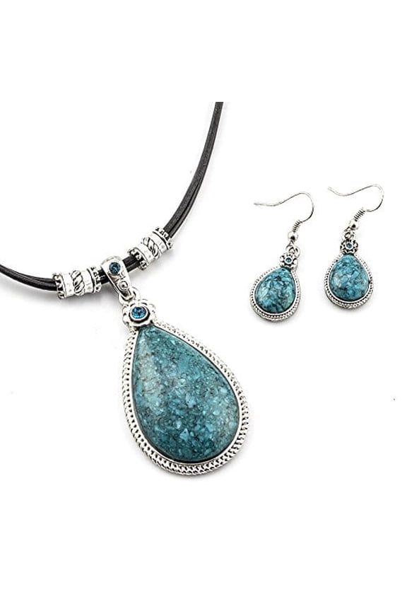 Turquoise Teardrop Pendant Necklace and Earring Set with Silver Tone Accents Jewelry Necklace Earring Silver