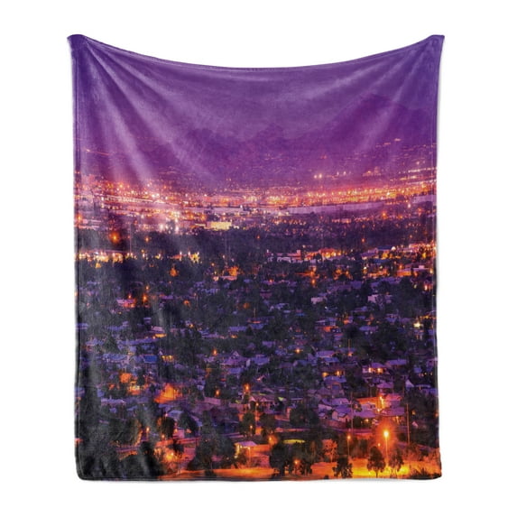 Arizona Soft Flannel Fleece Throw Blanket, Dramatic Phoenix Skyline Suburbs at Night Western Urban City Panorama, Cozy Plush for Indoor and Outdoor Use, 50" x 70", Violet and Multicolor, by Ambesonne