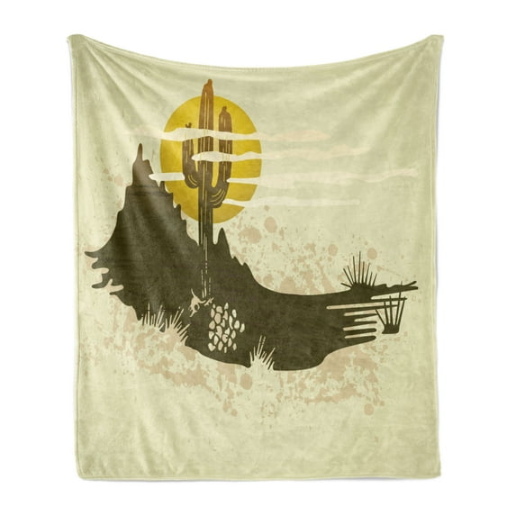 Arizona Soft Flannel Fleece Throw Blanket, Grunge Dramatic Landscape with Saguaro and Sun, Cozy Plush for Indoor and Outdoor Use, 50" x 70", Grey Yellow Army Green, by Ambesonne