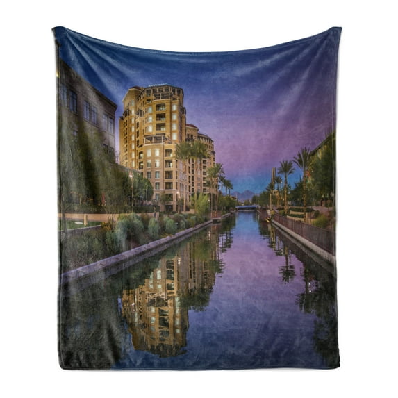 Arizona Soft Flannel Fleece Throw Blanket, Photo of Az Canal in Scottsdale at Sunset with Downtown Architecture, Cozy Plush for Indoor and Outdoor Use, 70" x 90", Multicolor, by Ambesonne