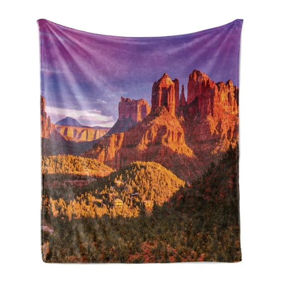 Arizona Soft Flannel Fleece Throw Blanket, Picturesque Grand Canyon Cliffs Rock in Formations Valley with Violet Sky, Cozy Plush for Indoor and Outdoor Use, 50" x 60", Multicolor, by Ambesonne