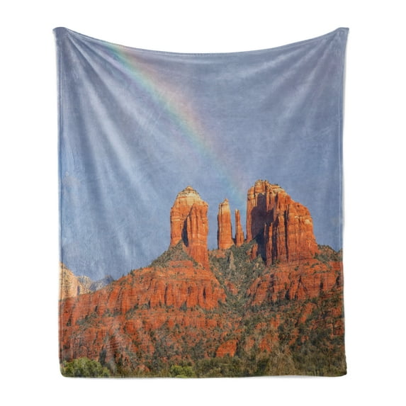 Arizona Soft Flannel Fleece Throw Blanket, Rainbow Above Grand Canyon Mountains National Park Scenery, Cozy Plush for Indoor and Outdoor Use, 50" x 70", Burnt Orange Ceil Blue, by Ambesonne