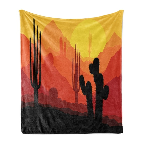 Arizona Soft Flannel Fleece Throw Blanket, Sunset View Illustration with Mountains Horizon Large Saguaro Cactus Silhouettes, Cozy Plush for Indoor and Outdoor Use, 70" x 90", Multicolor, by Ambesonne