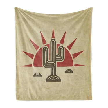 Arizona Soft Flannel Fleece Throw Blanket, Tribal Style Saguaro and Sun Boho, Cozy Plush for Indoor and Outdoor Use, 50" x 70", Pale Camel Ruby, by Ambesonne