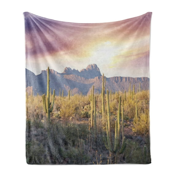 Arizona Soft Flannel Fleece Throw Blanket, USA National Park Photo of Exotic Saguaro Cactus in Sunny Day with Mountains, Cozy Plush for Indoor and Outdoor Use, 50" x 60", Multicolor, by Ambesonne