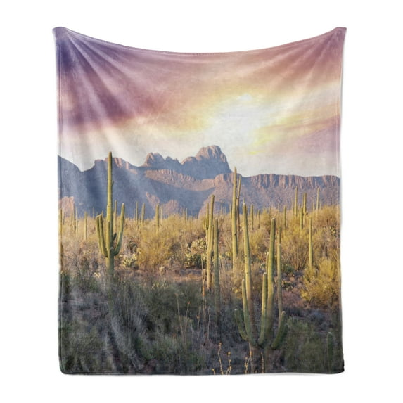 Arizona Soft Flannel Fleece Throw Blanket, USA National Park Photo of Exotic Saguaro Cactus in Sunny Day with Mountains, Cozy Plush for Indoor and Outdoor Use, 70" x 90", Multicolor, by Ambesonne