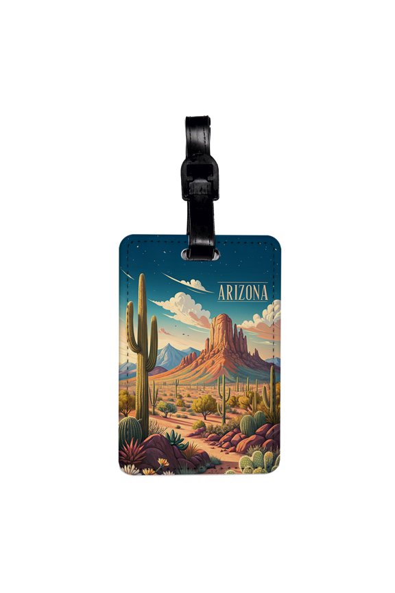 Arizona State Desert Cactus Flowers Mountain Scene Faux Leather Travel Luggage Tag