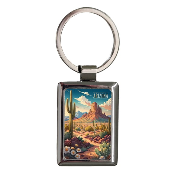 Arizona State Desert Cactus Flowers Mountain Scene Metal Rectangle Keychain