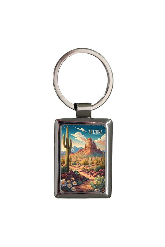 Arizona State Desert Cactus Flowers Mountain Scene Metal Rectangle Keychain