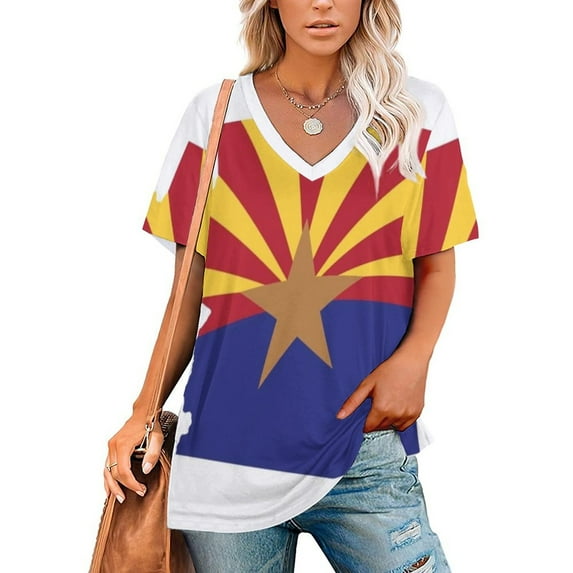 Arizona State Flag Ruffle Short Sleeve T-Shirt V Neck Shirts Pattern Cute Tops Casual Tee Arizona Flag State Desert Az State