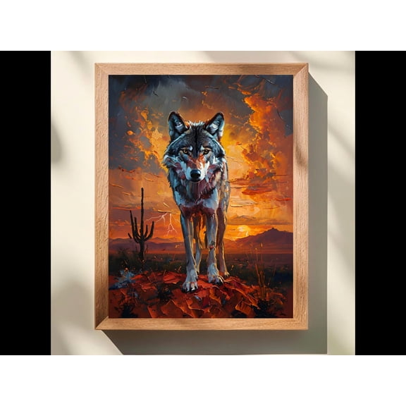 Arizona Sunset Wolf Art, Desert Landscape With Lightning Storm, Bold Southwest Wildlife Wall Decor, Wilderness Gift For Him #660, Unframed Poster Size 24x36