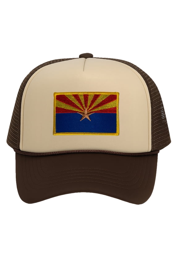 Arizona Trucker Hat for Men - State Flag Snapback Cap with Mesh Back, Black, Khaki Brown