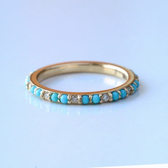 Arizona Turquoise and Diamond amd Full Eternity Ring, Round Cut Dalicate Handmade Jewelry, Wedding Ring, Diamond Dainty Anniversary Gift Jewelry, Engagement Ring.