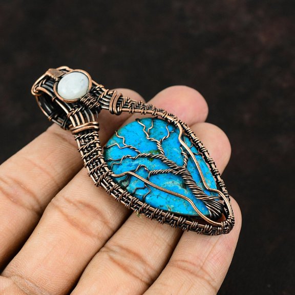 Tree Of Life Arizona Turquoise Copper Pendant Copper Wire Wrapped Gemstone Pendant Copper Wire Jewelry Rainbow Moonstone Pendant For Gift