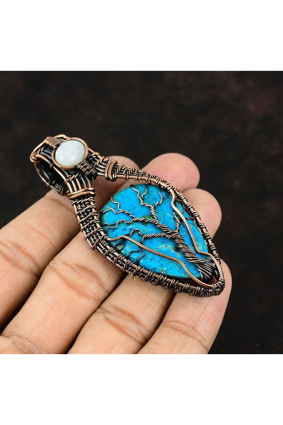 Tree Of Life Arizona Turquoise Copper Pendant Copper Wire Wrapped Gemstone Pendant Copper Wire Jewelry Rainbow Moonstone Pendant For Gift