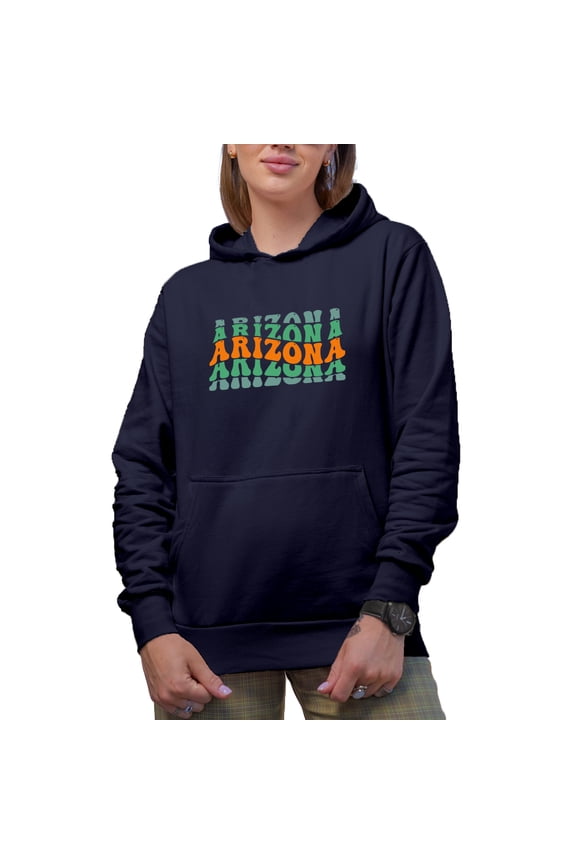Arizona, US State Themed, Groovy Retro Wavy Text Merch Gift, Navy Blue Hooded Sweatshirt or Hoodie, Small