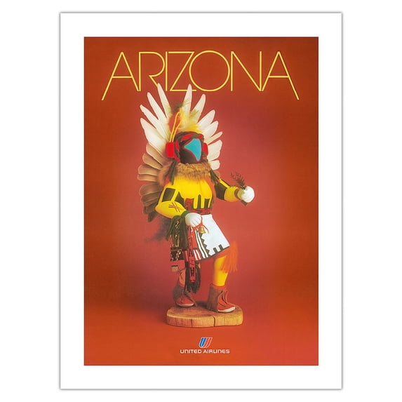 Arizona - United Airlines - Pueblo Native American Kachina Doll - Vintage Airline Travel Poster c.1970s - Bamboo Fine Art 290gsm Paper (Unframed) 12x16in