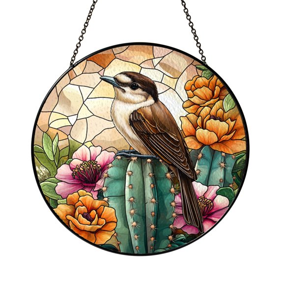 Arizona Wren and Saguaro Glass Suncatcher Window Hanging Decor, Desert Wildlife Scene, State Pride Home Art