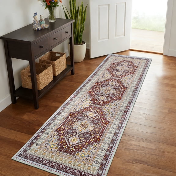 ARJINCUTE Vintage Distressed Bohemian Brown Runner Rugs, 2' x 8' Non-Slip Washable Low Pile Fold-able Floor Mat for Hallway, Kitchen, Entryway, Laundry Room