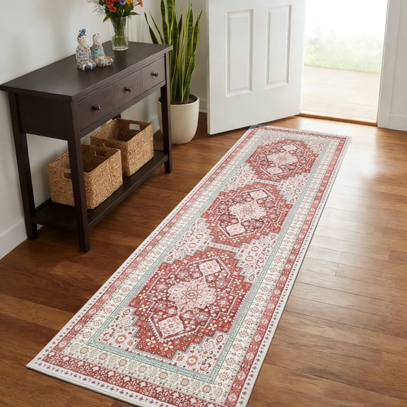 ARJINCUTE Vintage Distressed Bohemian Red Runner Rugs, 2' x 8' Non-Slip Washable Low Pile Fold-able Floor Mat for Hallway, Kitchen, Entryway, Laundry Room