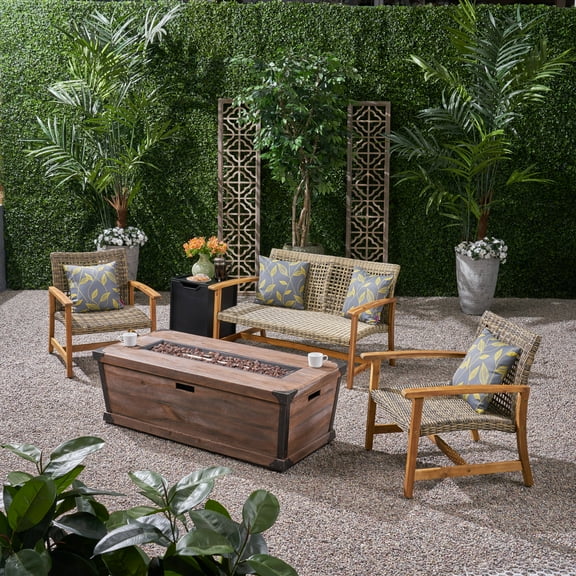 Noble House Azalea Outdoor 3 Pc Chat Set w/ Fire Pit Natural Gray