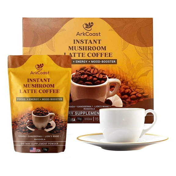 ArkCoast Instant Mushroom Coffee Colombian Arabica with Chaga and Reishi, 15 Servings, 8 oz